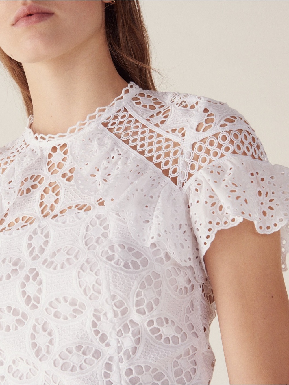 SANDRO PARIS White Eyelet Lace Ruffle Sleeve Cotton Dress EU 34 US 0